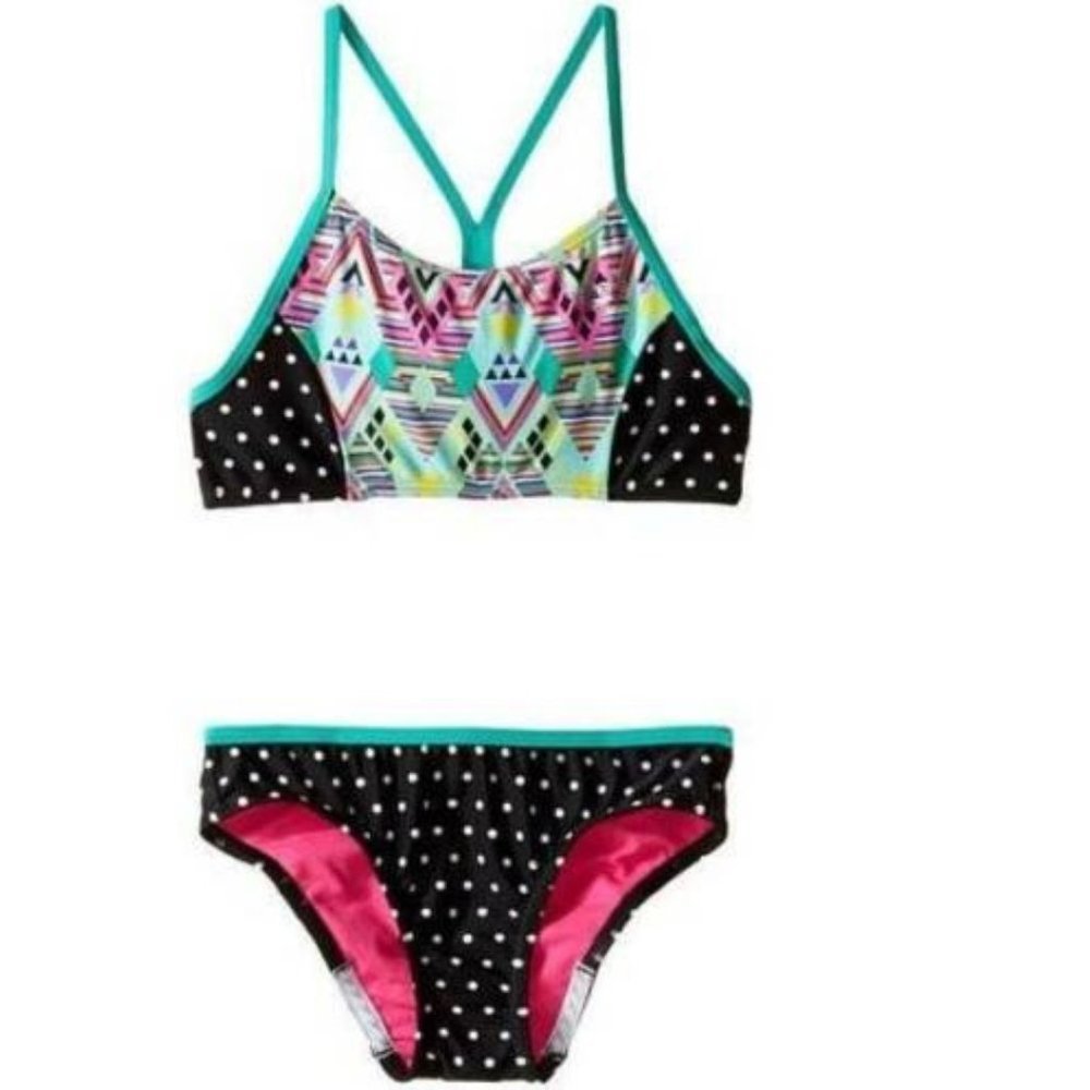 Speedo Swimsuit 8 Girls Blue Black Dot 2 Pc Scoop Halter Top & Scoop Bottoms